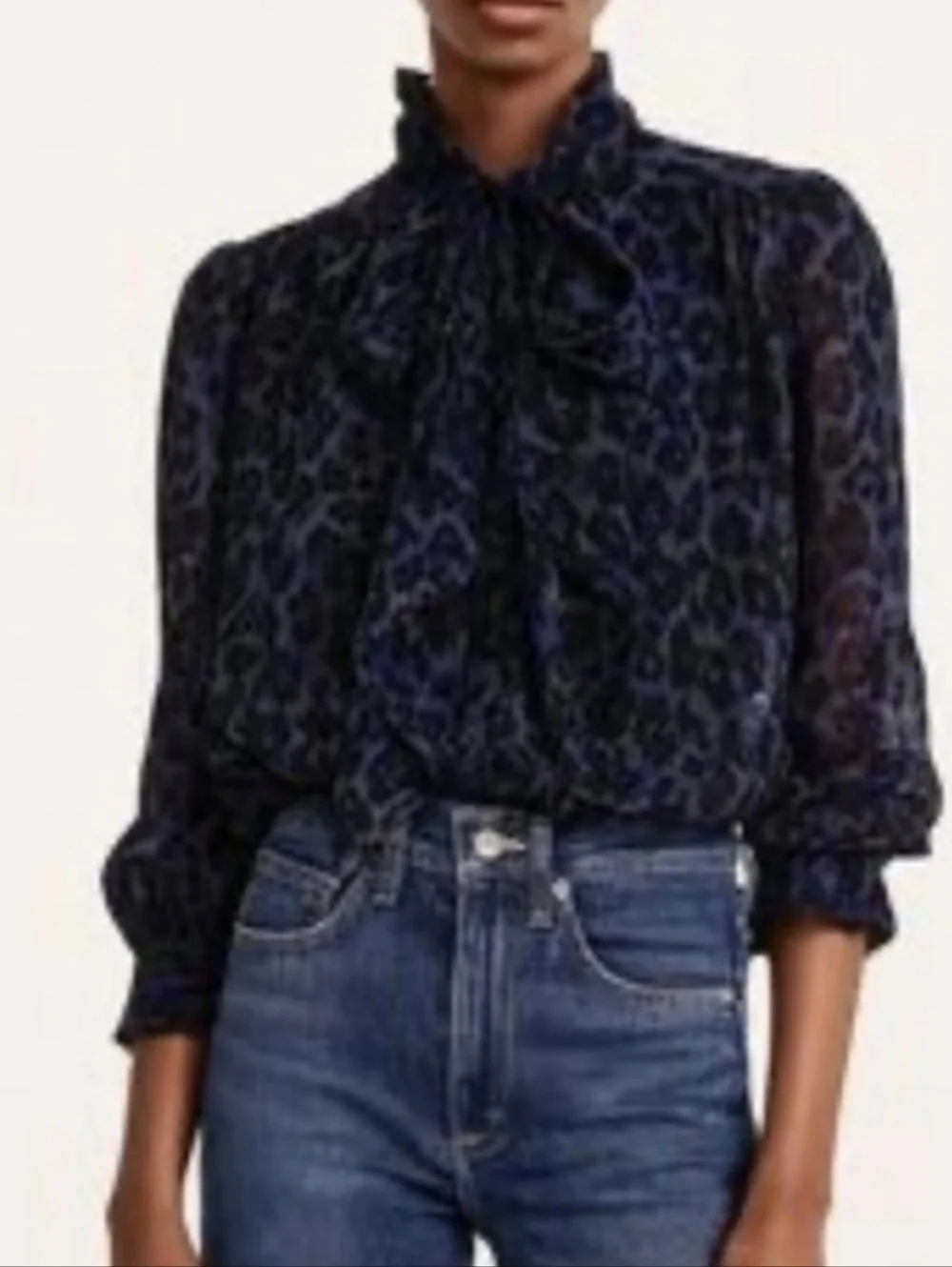 kate spade Navy and Black Leopard Tie-Neck Blouse...size:XS